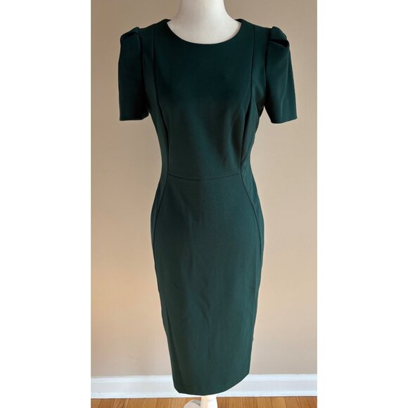 Calvin Klein NWT Puff Sleeve Midi Sheath Career Cocktail Dress Dark Green Size 8 - Picture 2 of 12